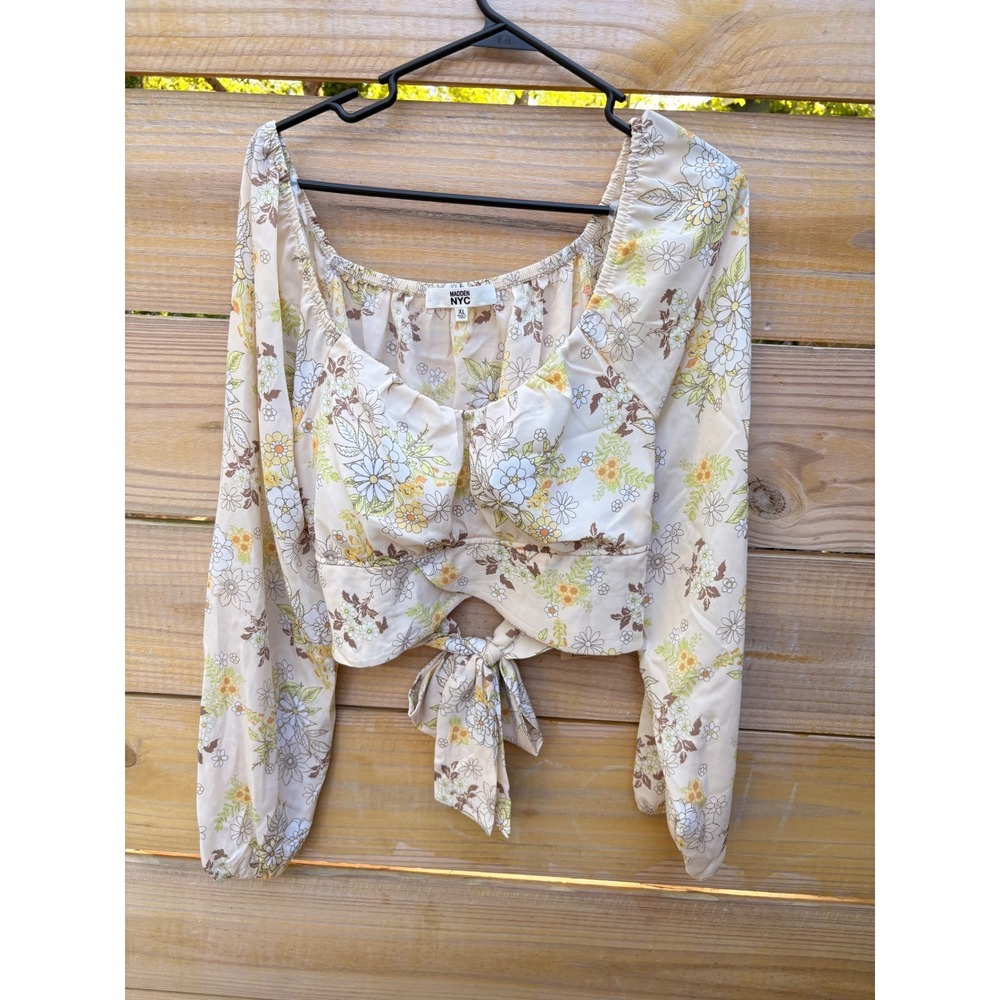Madden NYC Floral Crop Top Long Sleeve Tie Back Sweetheart Cream XL NT011C516 - Picture 1 of 8